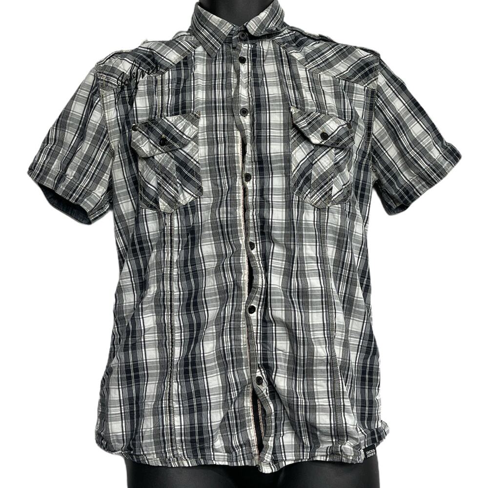 JACK JONES Shirt Mens Size M Gray Plaid Short Sleeves Button Up 100% Cotton